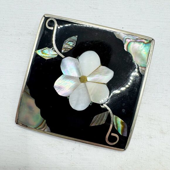 Vtg Mexican Silver Abalone And Mother Of Pearl Inlay Flower Square Brooch Pin - Picture 1 of 9